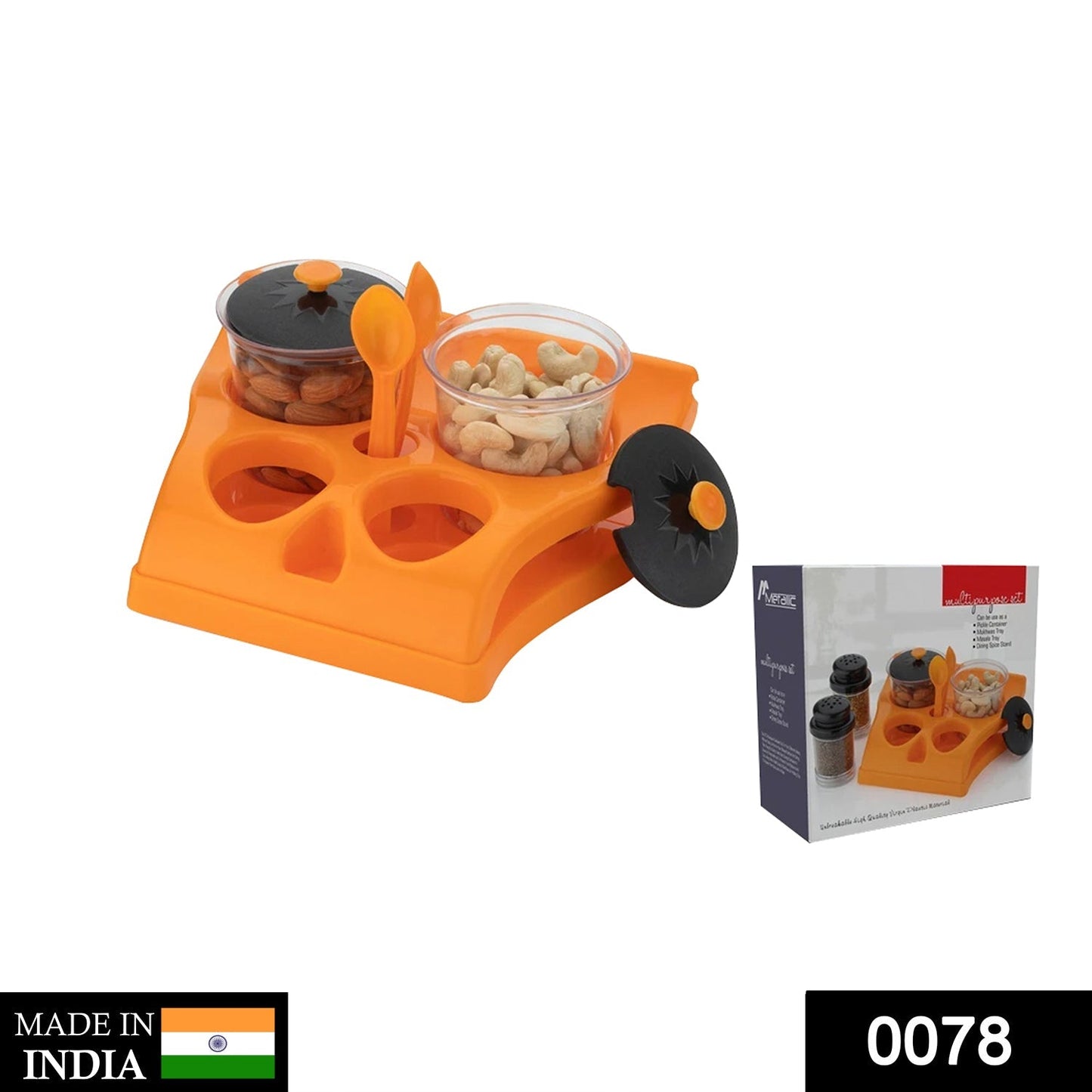 078 Plastic Aachar Pickle Container/Chutney/Mukhwas Tray/Masala Tray/Dining Spice Stand (Set of 4 Jar, 2 Spoon, 1 Tray,)