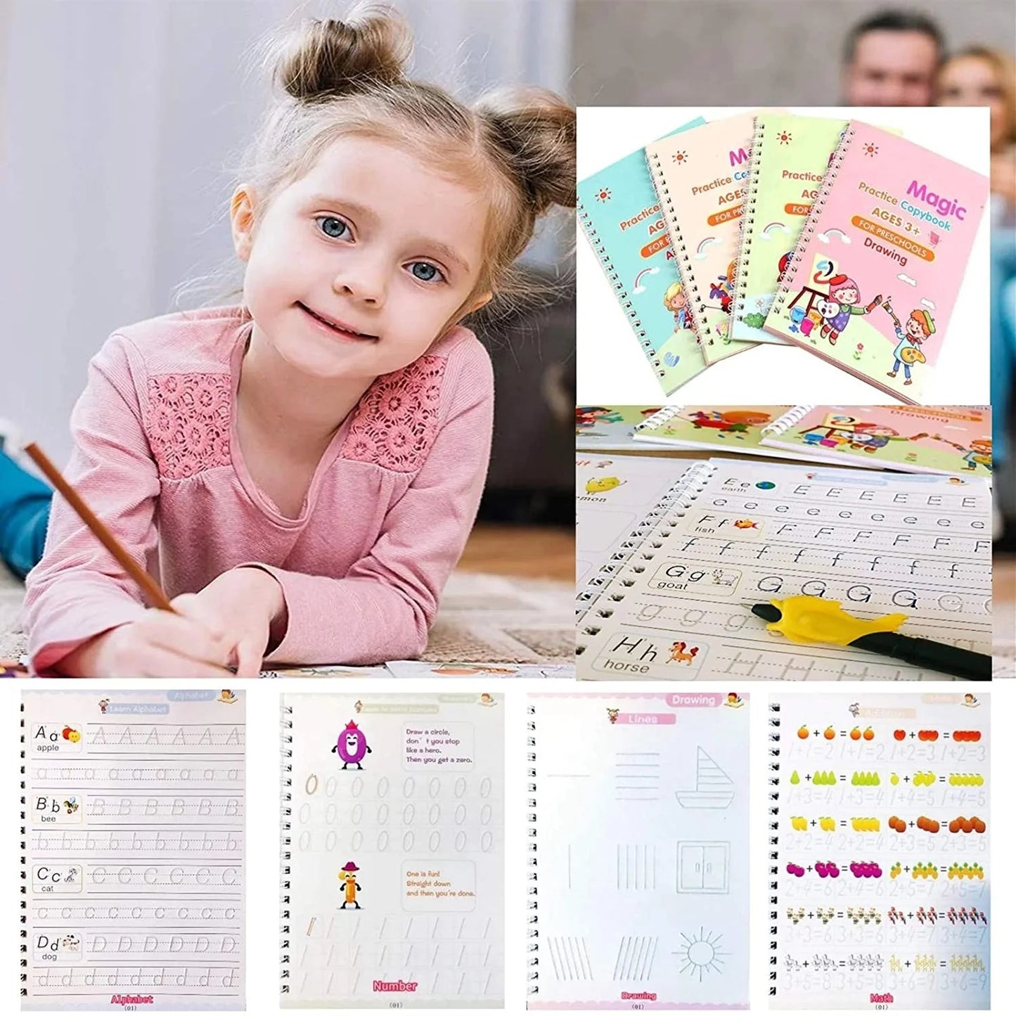4 Pc Magic Copybook used by kids, children’s and even adults also to write (4 book and pen with 5 refill)